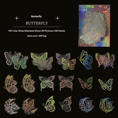 Transparent holographic butterfly laser stickers in various designs, including floral and moon elements, shown individually and in a 100-sheet pack. - Image 6