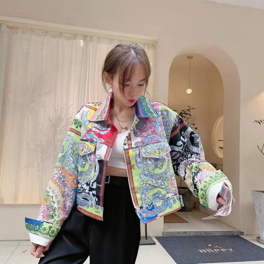 Chaqueta Denim Cardigan con Estampado de Colores y Solapa - Image 4