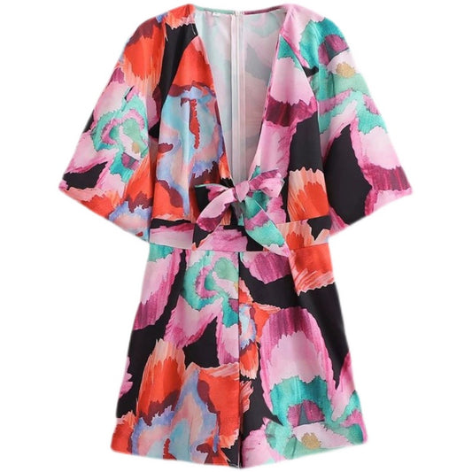 Jumpsuit Estilo Europeo Americano con Estampado de Moño, Cintura Alta y Corte Holgado