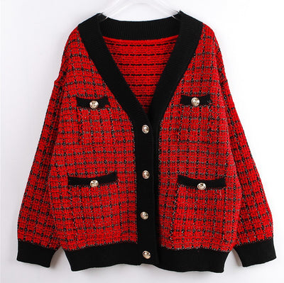 Cardigan Tejido Cuadros Mujer Estilo Elegante Oversize Abrigo Grueso - Image 2