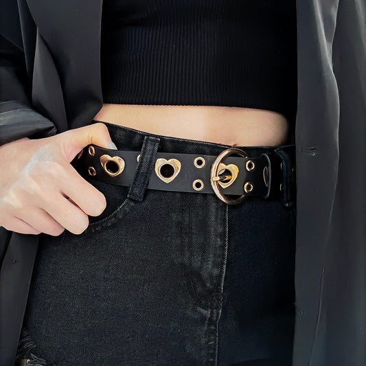 Cinturón Metal Punk para Mujer con Corazón Calado - Estilo Hip Hop Negro