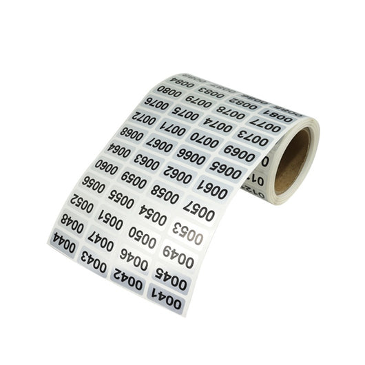 Roll of matte silver adhesive labels with sequential black serial numbers from 00001 to 00024 visible. - Image 3