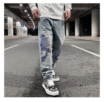 Jeans Rectos Casuales para Hombre con Diseño Floral Quemado y Lavado Industrial - Image 11