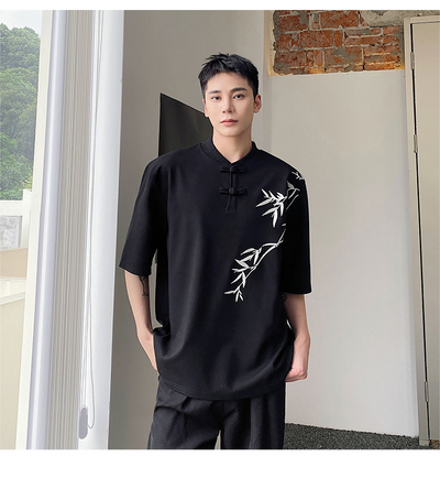 Camisa de Manga Corta con Bordado de Hojas de Bambú para Hombre - Image 12
