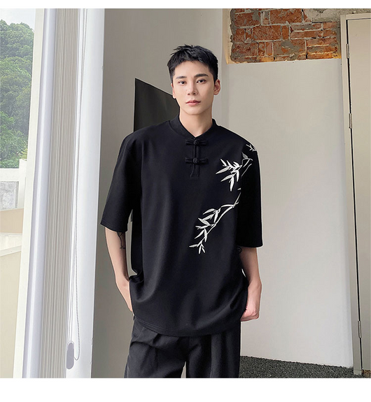 Camisa de Manga Corta con Bordado de Hojas de Bambú para Hombre - Image 12