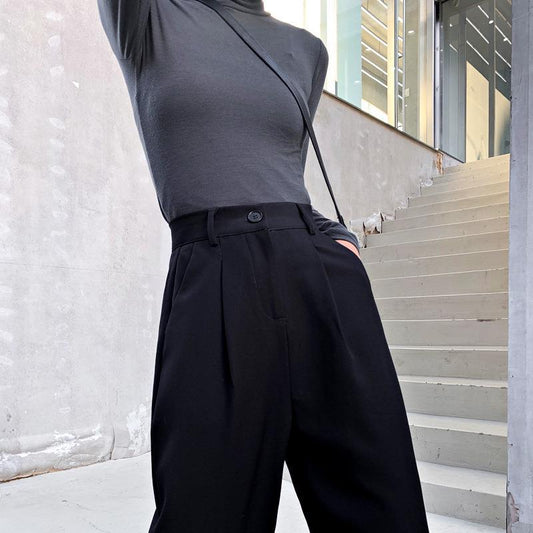Pantalones Anchos Cintura Alta Mujer - Drapeado Elegante Negro y Gris - Image 2