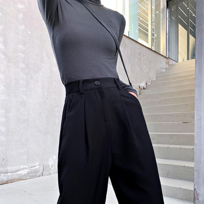 Pantalones Anchos Cintura Alta Mujer - Drapeado Elegante Negro y Gris - Image 2