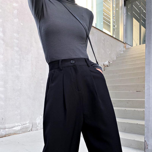 Pantalones Anchos Cintura Alta Mujer - Drapeado Elegante Negro y Gris - Image 2