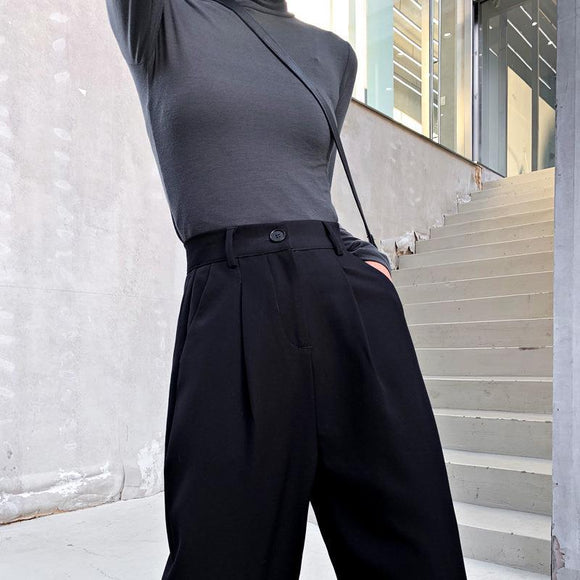 Pantalones Anchos Cintura Alta Mujer - Drapeado Elegante Negro y Gris
