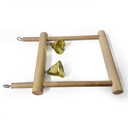 Natural solid wood bird stand with two golden bells, featuring a horizontal perch and two vertical supports. - Image 9