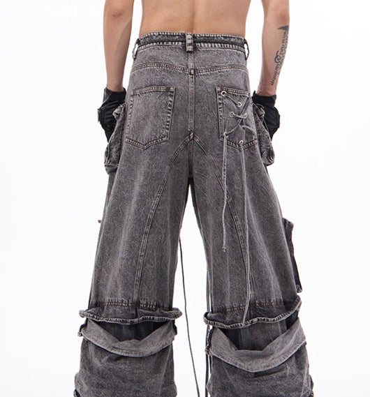 Pantalones Overol Estilo Americano Desgastado con Costuras de Cuerda - Image 4