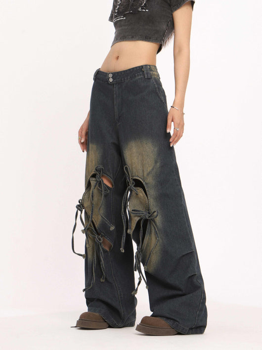 Pantalones Vaqueros Rotos con Cordones Cintura Alta Pierna Recta Mujer - Image 6