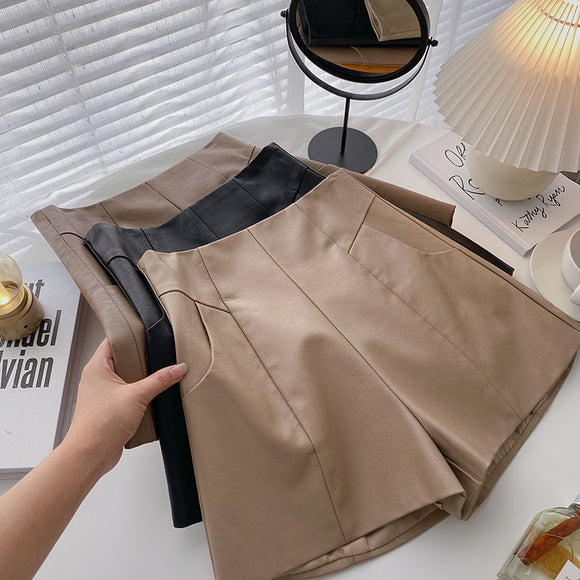 Pantalón de Cuero PU Cintura Alta Pierna Ancha Estilo Minimalista