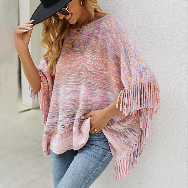Poncho Suéter Rayas con Fleco - Abrigo Elegante y Versátil
