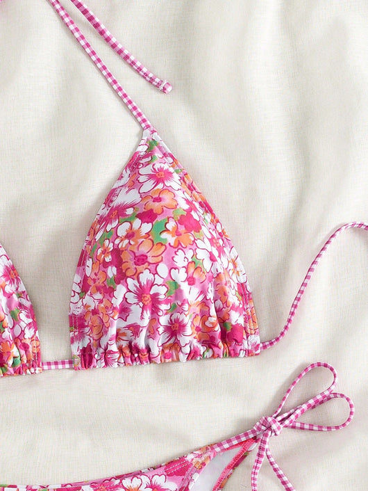 Female creative minimally printed split bikini set with a vibrant bohemian pattern and tie-side bottoms. - Image 23