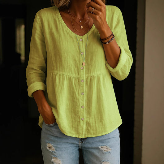 Camisa Holgada de Algodón y Lino con Cuello V y Botones - Image 3