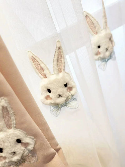 Pink curtains with white plush rabbit appliques, paired with a sheer white inner curtain also featuring rabbit designs. - Image 12