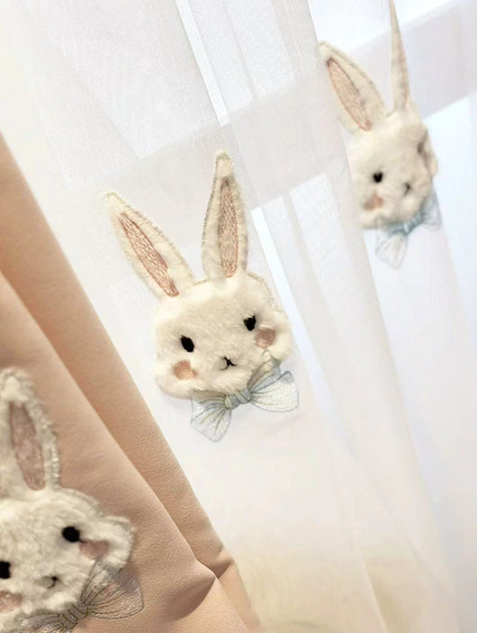 Pink curtains with white plush rabbit appliques, paired with a sheer white inner curtain also featuring rabbit designs. - Image 12