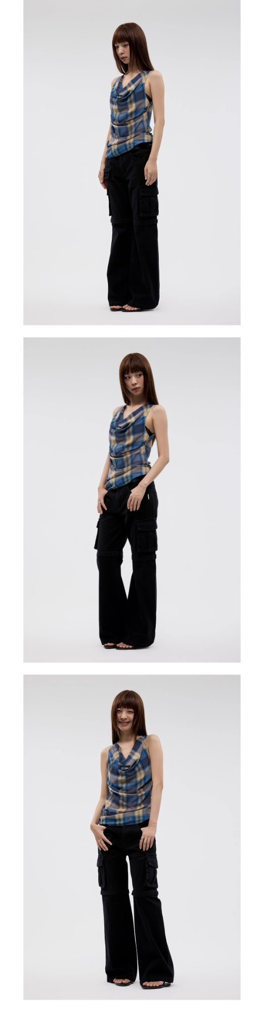Blusa Tirantes Cuadros Vintage con Pliegues y Cuello Envolvente - Image 17