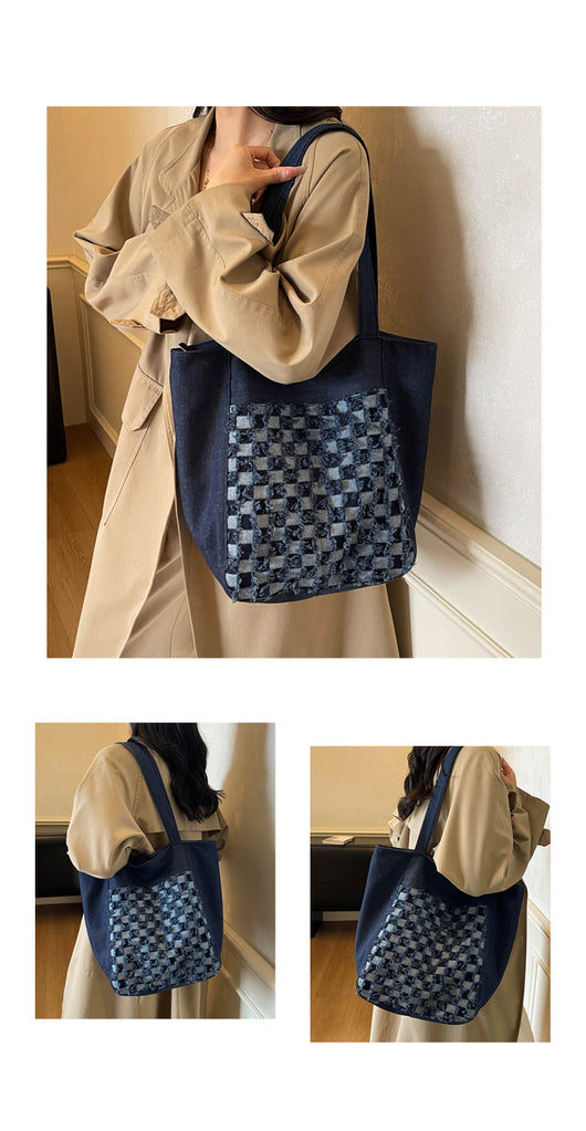 Bolsa Tote de Mezclilla Lavada con Patrón Escocés y Gran Capacidad - Image 18