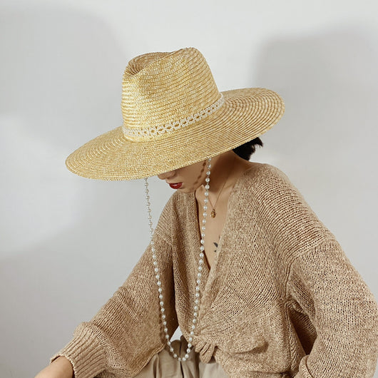 Sombrero de Paja Jazz con Cadena de Perlas y Ala Ancha para Playa - Image 14