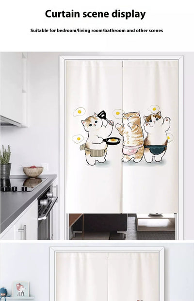 White segmented fabric door curtain with a cartoon design of three cats cooking and surrounded by fried eggs. - Image 11