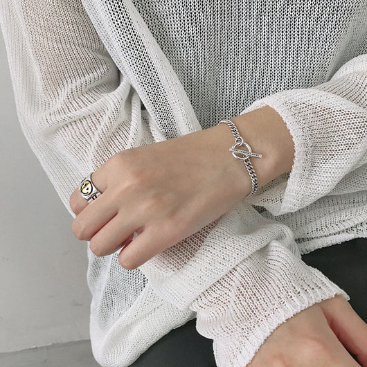 Pulsera Cadena Geométrica Retro con Anillo - Accesorios de Plata Moderna - Image 9