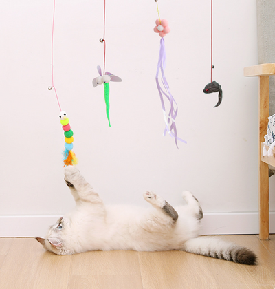 Two plush mouse cat toys, one gray and one white, with pink elastic ropes, bells, and suction cups. - Image 8