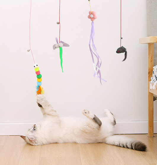 Two plush mouse cat toys, one gray and one white, with pink elastic ropes, bells, and suction cups. - Image 8