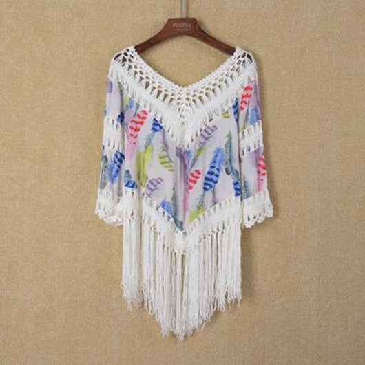 Camisa de Playa Bikini con Costuras Estampadas y Borlas - Image 9