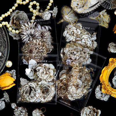 Set of 30 white and cream flower stickers, 55x55mm, featuring various chrysanthemum designs with a bronzing effect. - Image 11
