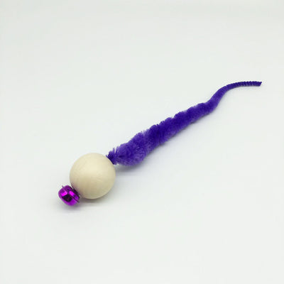 Wooden bead cat toy with a golden bell and a neon yellow fuzzy worm-like attachment on a white background. - Image 4