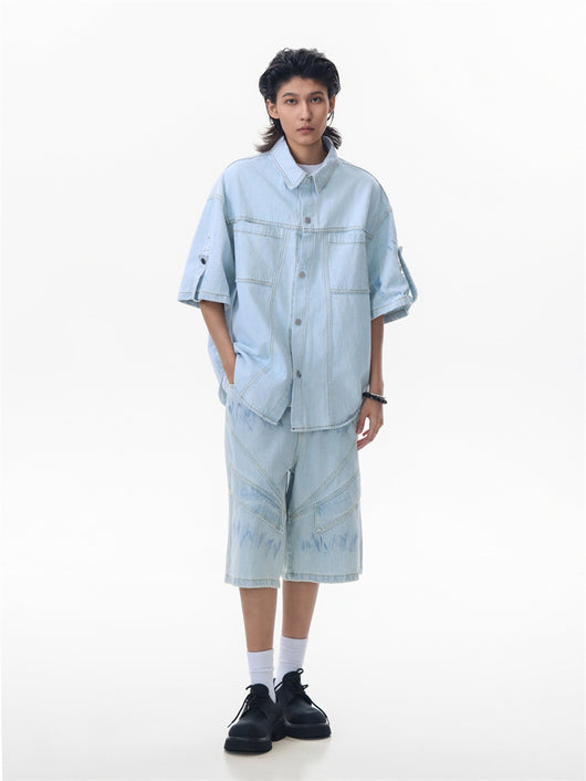 Conjunto de Camisa y Shorts Denim Retro Desgastado para Verano - Image 26