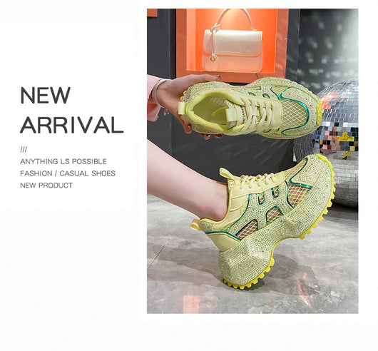 Zapatillas Deportivas Plataforma Gruesa para Mujer con Brillo y Cristales - Amarillo Claro - Image 74