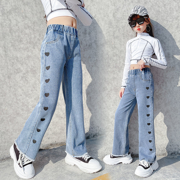 Pantalones Denim Anchos Casuales Estilo Funky con Detalle Love