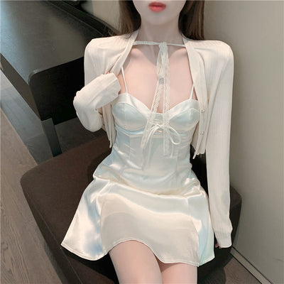 Vestido Satinado con Tirantes de Moño - Falda A-Línea Elegante de Temperamento Francés