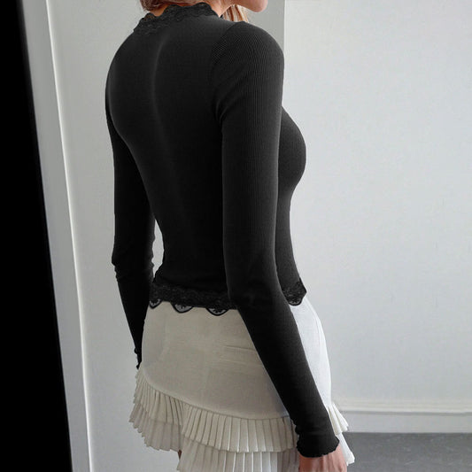 Blusa Elegante de Encaje y Costillas Manga Larga para Mujer - Image 2