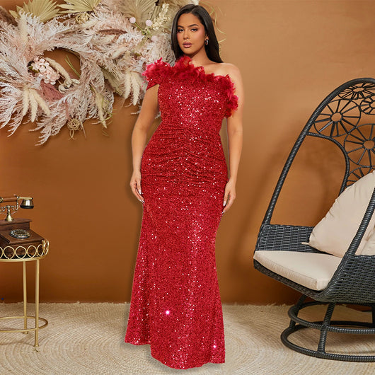Vestido de Noche Sexy con Lentejuelas y Plumas - Diseño Elegante para Eventos - Image 3