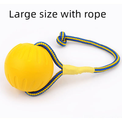 Yellow EVA pet training ball with a blue and yellow braided rope, suitable for dog play and training. - Image 7