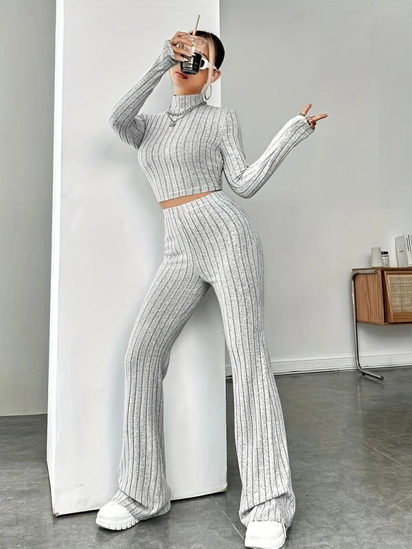 Conjunto de Punto Acanalado para Mujer - Blusa Manga Larga y Pantalón