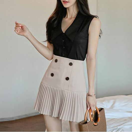 Conjunto Dos Piezas: Blusa Escote V sin Mangas + Falda Plisada Cintura Alta - Image 6