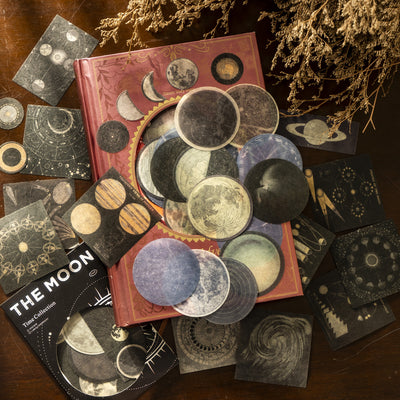 A collection of retro-style washi stickers featuring moon phases, planets, and celestial designs in various shapes and sizes. - Image 4