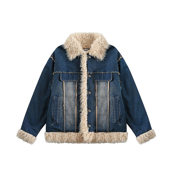 Abrigo Denim Retro con Cuello de Pelaje para Mujer
