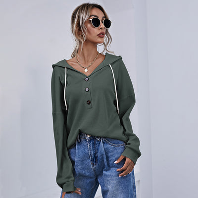 Camisa Hoodie con Botones de Color Sólido para Mujer - Image 10