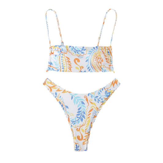 White ribbed two-piece swimsuit with pink and blue paisley floral print, bandeau top, and high-cut bottoms. - Image 2