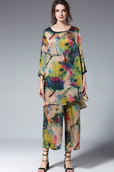 Traje Suelto de Seda Satinada Estampada con Cuello Redondo - Image 11