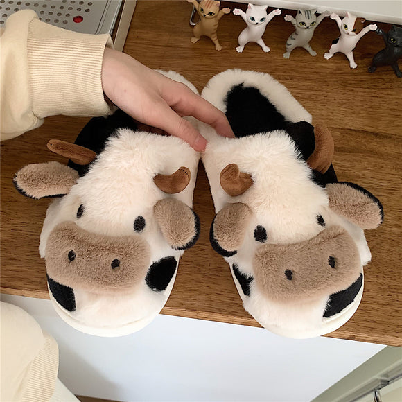 Pantuflas de Lana Cálidas con Diseño de Vaca Caricatura para Mujer