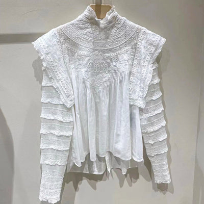 Blusa Elegante con Cuello de Pie, Encaje y Volantes Reversible