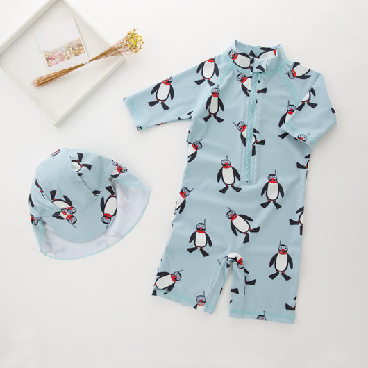 Traje de Baño Infantil Protección Solar Manga Larga con Gorro Pingüino - Image 5