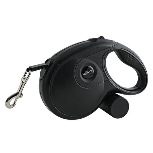 Blue and grey retractable dog leash with a black waste bag dispenser and a silver metal clip. - Image 18